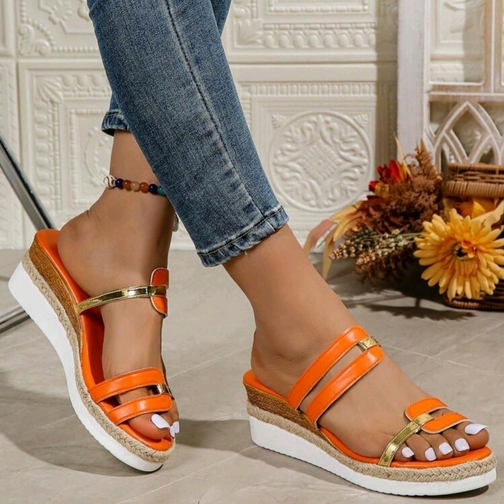 Women's Plus Size Fashionable Orange Open Toe Wedge Sandals - Picture 5 of 6